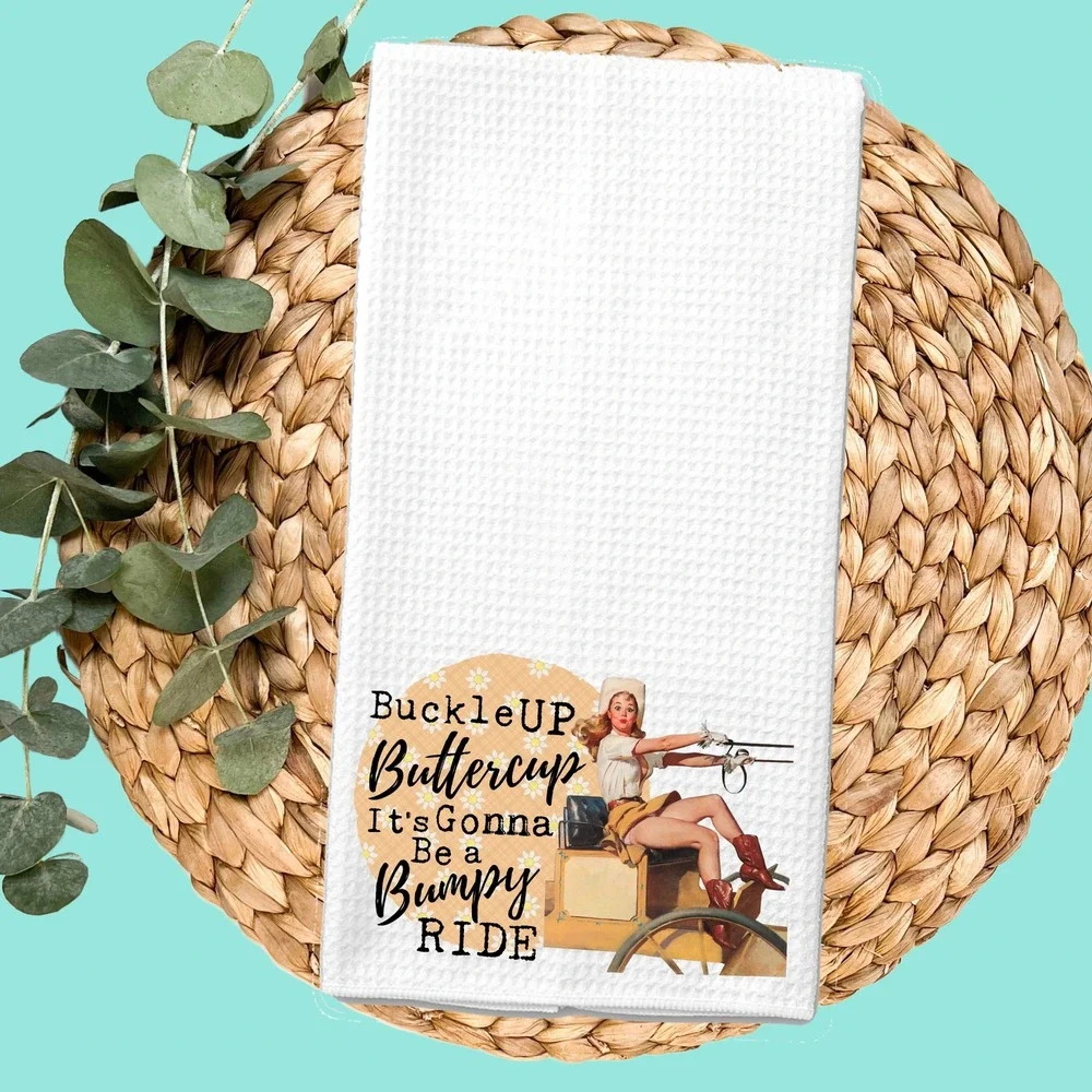 Vintage Pinup Waffle Weave Kitchen Towel Buckle Up Buttercup Bumpy Ride White
